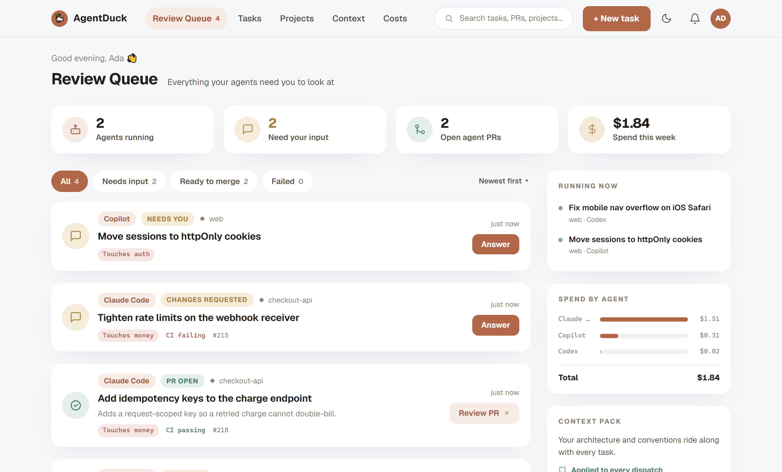 The AgentDuck review queue on desktop: tasks from several coding agents, each with its status, what it touches and what it cost.